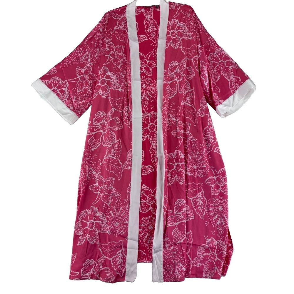 Breezies Lounge Satin Breeze Duster‎ Kimono Size 2X/3X Coral Botanical Pink Robe